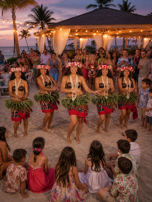 Five hula dancers perform in matching Polynesian attire at a Florida beach Bat Mitzvah while kids and adults watch near a pavilion at sunset.