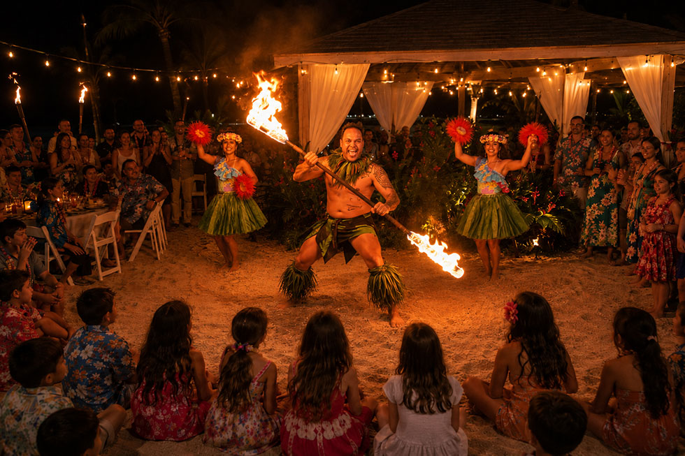 fire-dancing Fire dancer spins a flaming staff at a Florida beach Bat Mitzvah with hula dancers and guests near a pavilion.